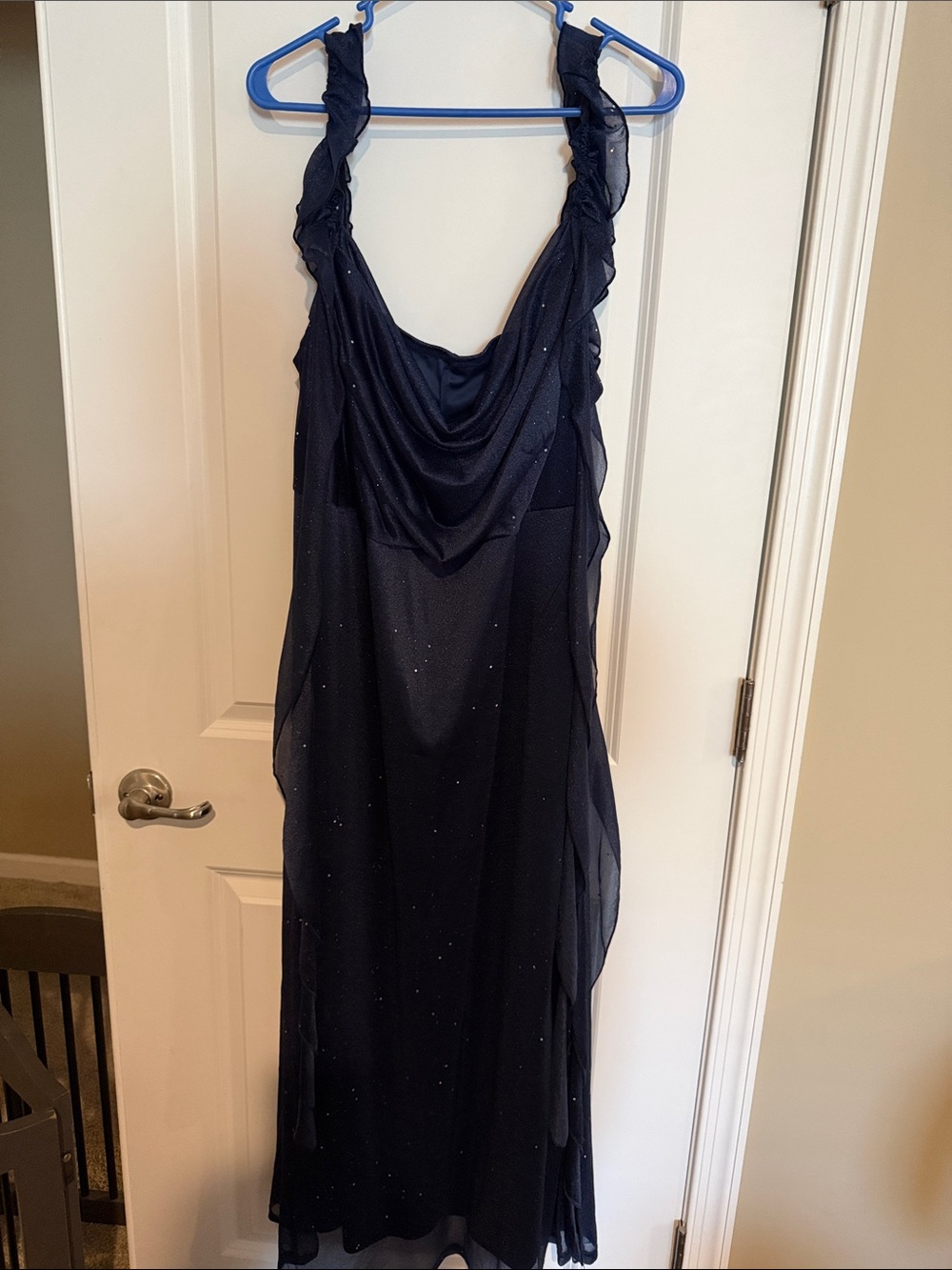 Elegant Navy Blue Evening Dress with Draped Neckline
